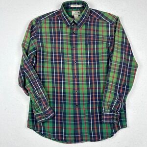 LL Bean Mens Traditional Fit Plaid Flannel Shirt Green Navy Red Cotton Medium